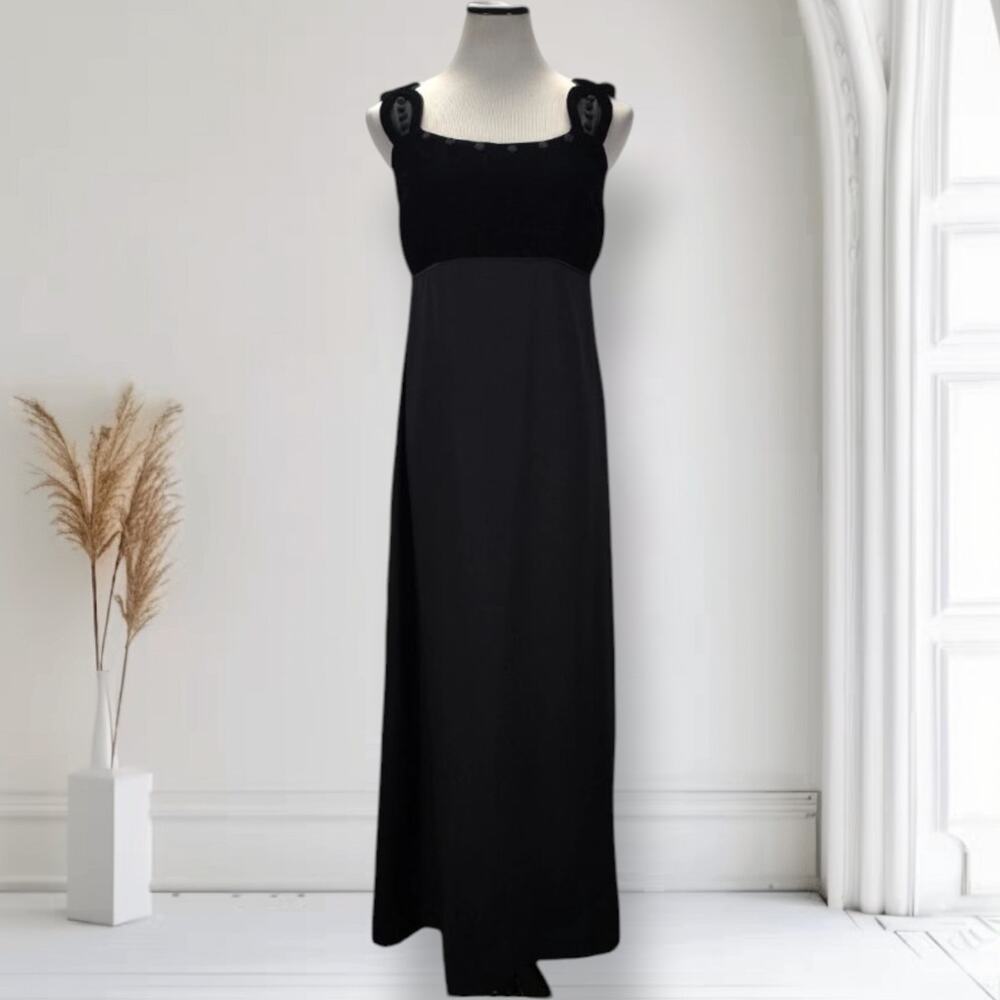 Vintage 90s Liz Claiborne Black Velvet Satin Maxi Dress Rosette Empire Waist 8